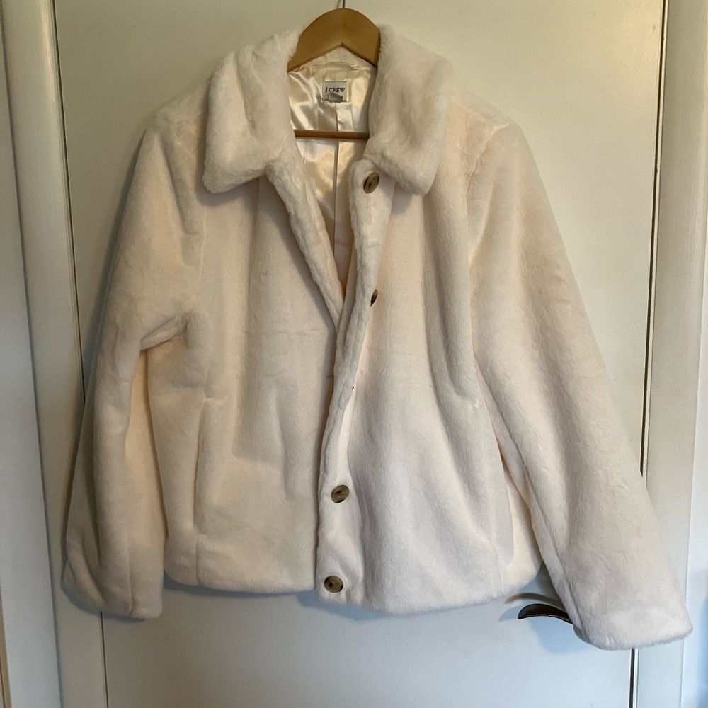 NWT: J. Crew Cream Faux Fur Button Jacket